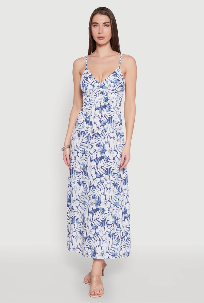 Womens Tropical Floral Print Empire Waist Maxi Dress, L