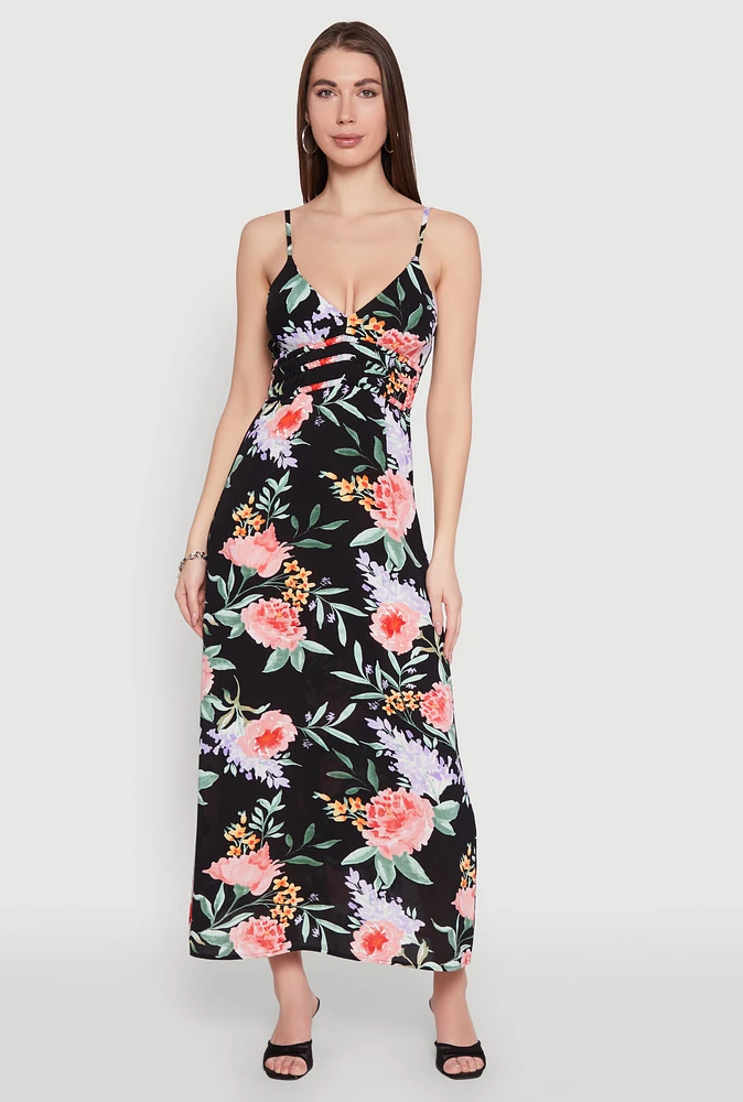 Womens Peony Lavender Print Empire Waist Maxi Dress, Black, Size M