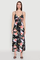 Womens Peony Lavender Print Empire Waist Maxi Dress, Black, Size M