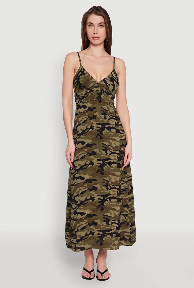 Womens Airy Camo Empire Waist Maxi Dress, Green, Size M