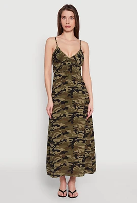 Womens Airy Camo Empire Waist Maxi Dress, Green, Size M
