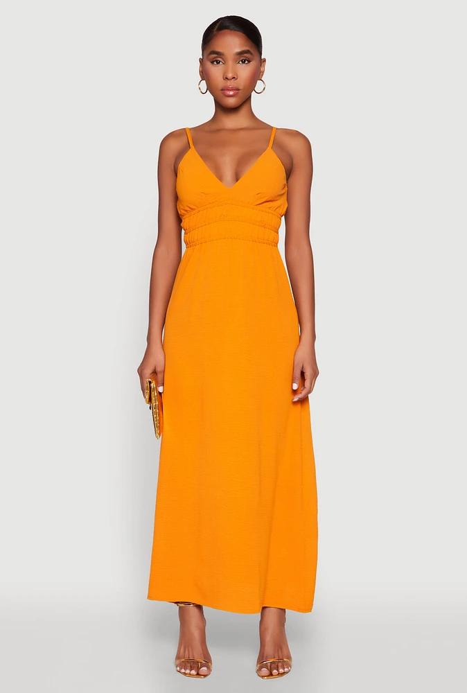 Womens V Neck Empire Waist Maxi Dress, Orange, Size M