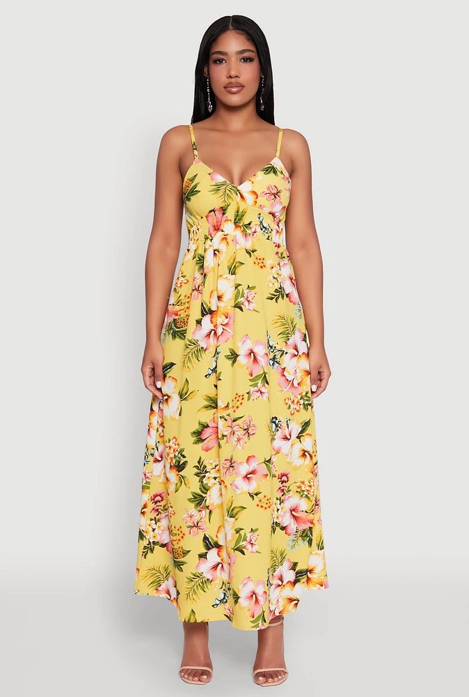 Womens Airy Floral V Neck Maxi Dress, Yellow, Size M