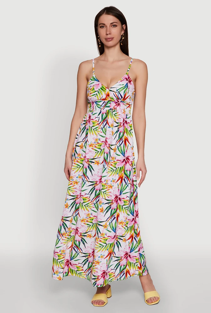 Womens Tropical Floral Maxi Dress with V Neck and Smocked Details, Multi, Size XL