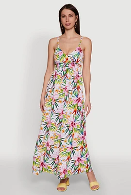 Womens Tropical Floral Maxi Dress with V Neck and Smocked Details, Multi, Size XL