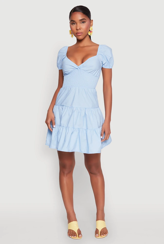 Womens Puff Sleeve Sweetheart Tiered Mini Dress,