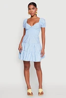 Womens Puff Sleeve Sweetheart Tiered Mini Dress,