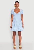 Womens Puff Sleeve Sweetheart Tiered Mini Dress,