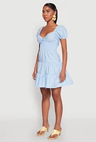 Womens Puff Sleeve Sweetheart Tiered Mini Dress,