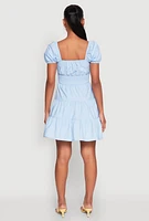 Womens Puff Sleeve Sweetheart Tiered Mini Dress,