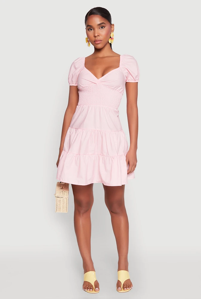 Womens Puff Sleeve Sweetheart Tiered Mini Dress, Pink, Size M