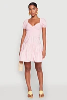 Womens Puff Sleeve Sweetheart Tiered Mini Dress, Pink, Size M