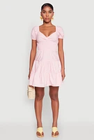 Womens Puff Sleeve Sweetheart Tiered Mini Dress, Pink, Size M