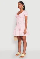 Womens Puff Sleeve Sweetheart Tiered Mini Dress, Pink, Size M