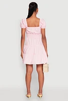 Womens Puff Sleeve Sweetheart Tiered Mini Dress, Pink, Size M