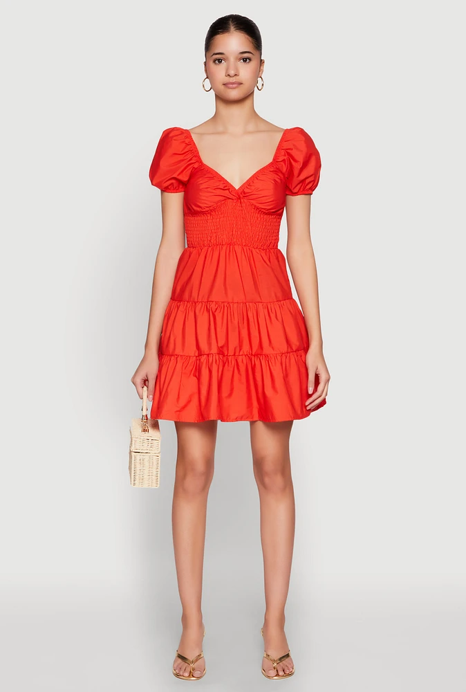 Womens Puff Sleeve Sweetheart Tiered Mini Dress, Orange,