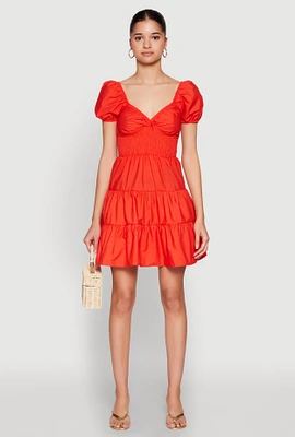 Womens Puff Sleeve Sweetheart Tiered Mini Dress, Orange,