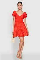 Womens Puff Sleeve Sweetheart Tiered Mini Dress, Orange,