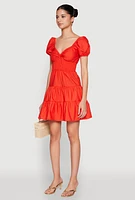 Womens Puff Sleeve Sweetheart Tiered Mini Dress, Orange,