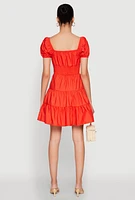 Womens Puff Sleeve Sweetheart Tiered Mini Dress, Orange,