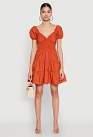 Womens Puff Sleeve Sweetheart Tiered Mini Dress, Orange, Size S
