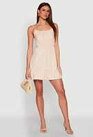Womens Spaghetti Strap Empire Waist Mini Dress, Beige, Size XL