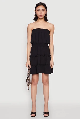 Womens Strapless Smocked Tiered Mini Dress,