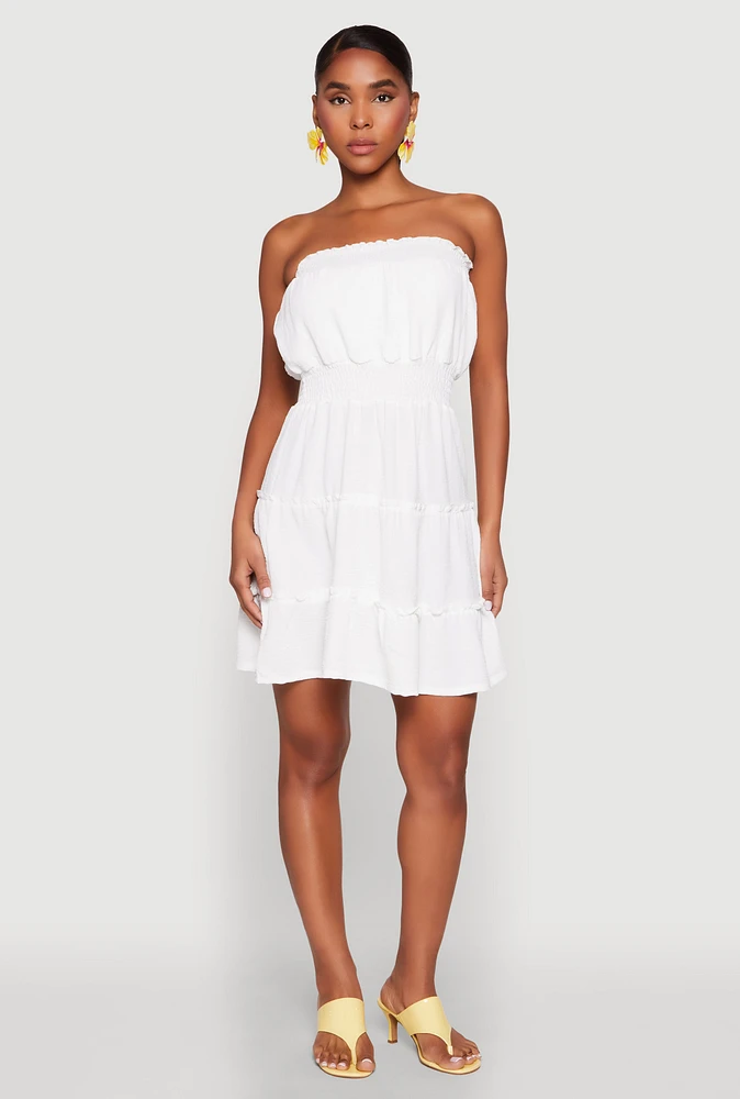 Womens Strapless Smocked Tiered Mini Dress, White, Size XL