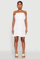 Womens Strapless Smocked Tiered Mini Dress, White, Size XL