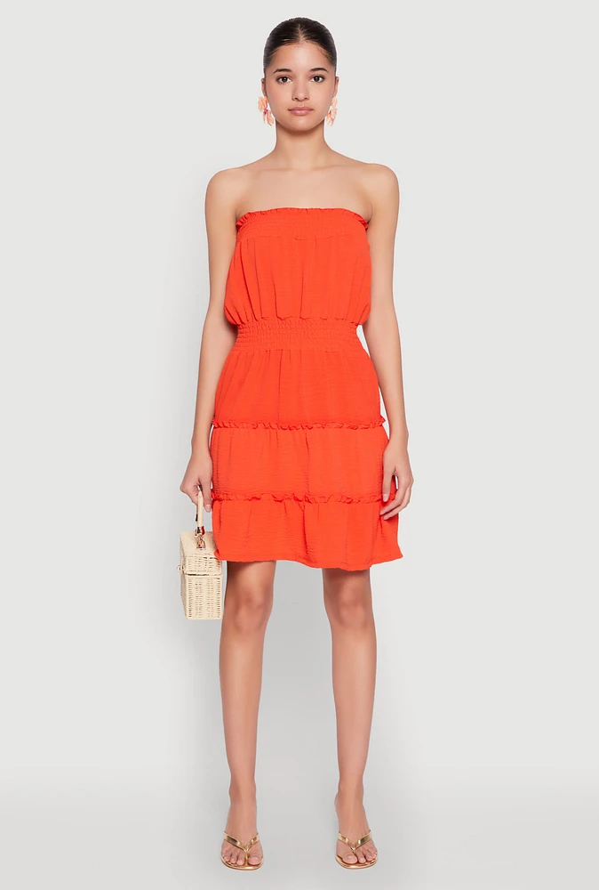 Womens Strapless Smocked Tiered Mini Dress, Orange,