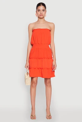 Womens Strapless Smocked Tiered Mini Dress, Orange,