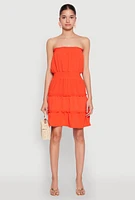 Womens Strapless Smocked Tiered Mini Dress, Orange,