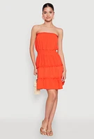 Womens Strapless Smocked Tiered Mini Dress, Orange,