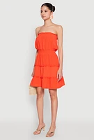 Womens Strapless Smocked Tiered Mini Dress, Orange,