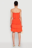 Womens Strapless Smocked Tiered Mini Dress, Orange,
