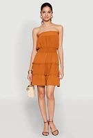 Womens Strapless Smocked Tiered Mini Dress, Orange,