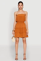 Womens Strapless Smocked Tiered Mini Dress, Orange,