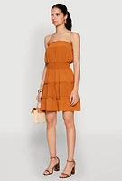 Womens Strapless Smocked Tiered Mini Dress, Orange,