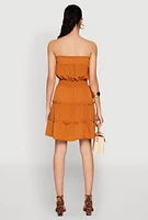 Womens Strapless Smocked Tiered Mini Dress, Orange,