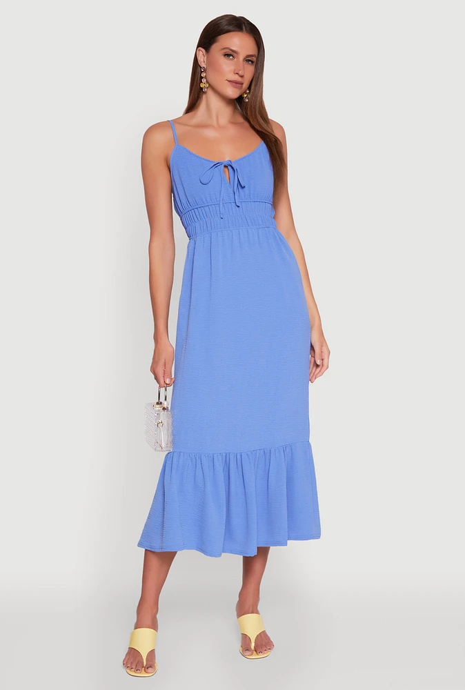Womens Tie Front Keyhole Flounce Hem Maxi Dress,