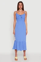 Womens Tie Front Keyhole Flounce Hem Maxi Dress,