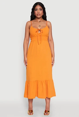 Womens Tie Front Keyhole Flounce Hem Maxi Dress, Orange,
