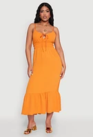 Womens Tie Front Keyhole Flounce Hem Maxi Dress, Orange,
