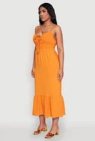 Womens Tie Front Keyhole Flounce Hem Maxi Dress, Orange,