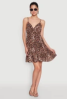 Womens Leopard Print Tiered Mini Dress, Brown, Size S
