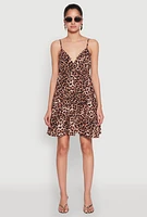 Womens Leopard Print Tiered Mini Dress, Brown, Size S