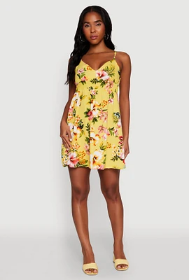 Womens Floral Print V Neck Sundress with Adjustable Straps, Yellow,