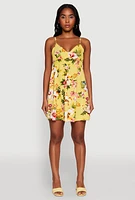 Womens Floral Print V Neck Sundress with Adjustable Straps, Yellow,