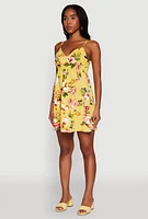 Womens Floral Print V Neck Sundress with Adjustable Straps, Yellow,
