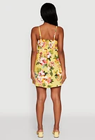 Womens Floral Print V Neck Sundress with Adjustable Straps, Yellow,